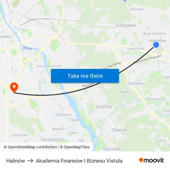 Halinów to Akademia Finansów I Biznesu Vistula map