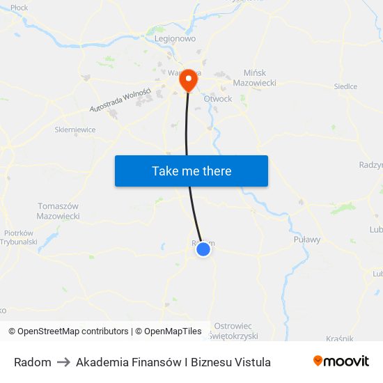 Radom to Akademia Finansów I Biznesu Vistula map