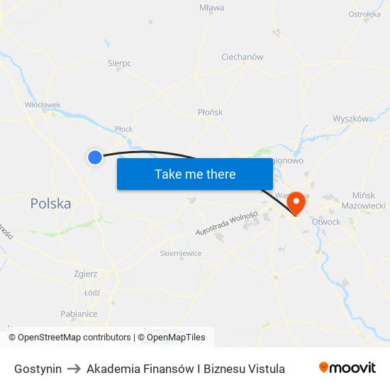 Gostynin to Akademia Finansów I Biznesu Vistula map