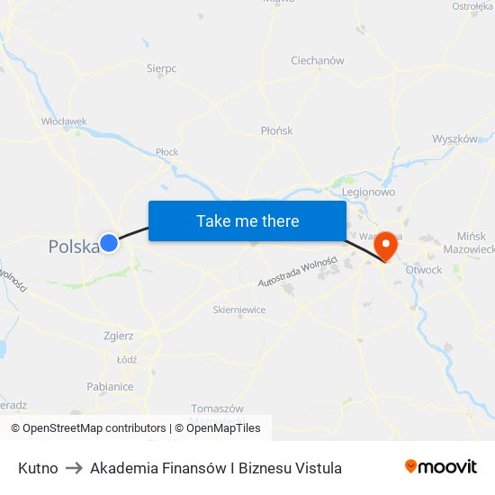 Kutno to Akademia Finansów I Biznesu Vistula map