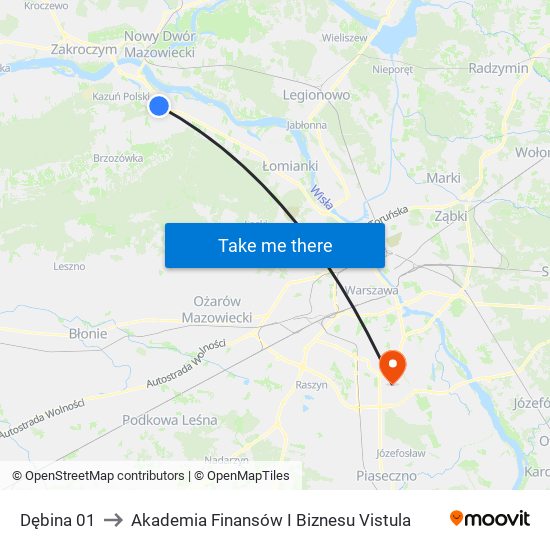 Dębina 01 to Akademia Finansów I Biznesu Vistula map