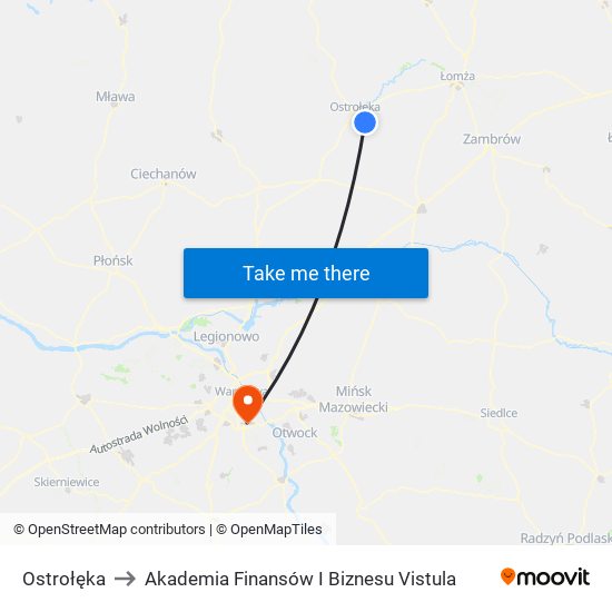 Ostrołęka to Akademia Finansów I Biznesu Vistula map