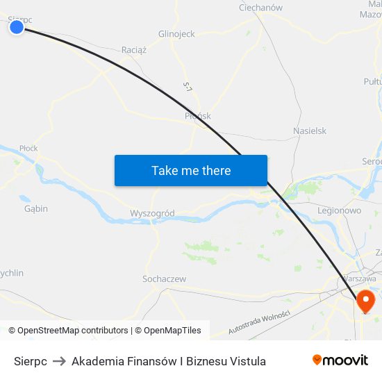 Sierpc to Akademia Finansów I Biznesu Vistula map