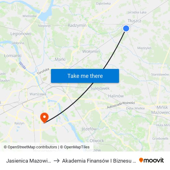 Jasienica Mazowiecka to Akademia Finansów I Biznesu Vistula map