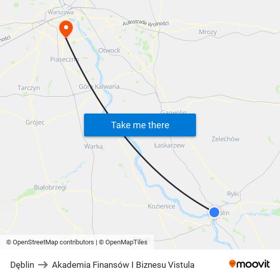 Dęblin to Akademia Finansów I Biznesu Vistula map