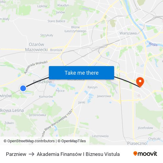 Parzniew to Akademia Finansów I Biznesu Vistula map
