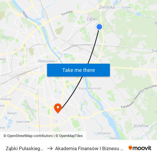 Ząbki Pułaskiego 01 to Akademia Finansów I Biznesu Vistula map