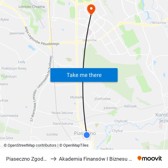 Piaseczno Zgoda to Akademia Finansów I Biznesu Vistula map