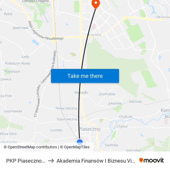 PKP Piaseczno 07 to Akademia Finansów I Biznesu Vistula map