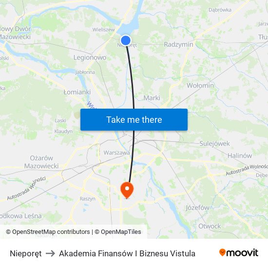 Nieporęt to Akademia Finansów I Biznesu Vistula map