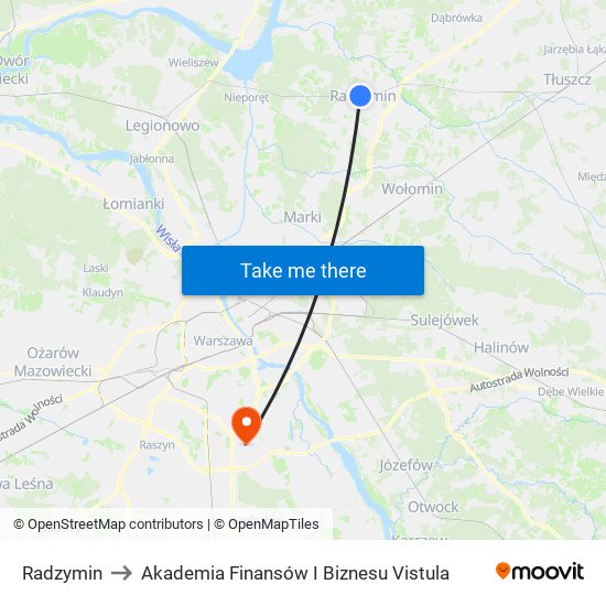 Radzymin to Akademia Finansów I Biznesu Vistula map