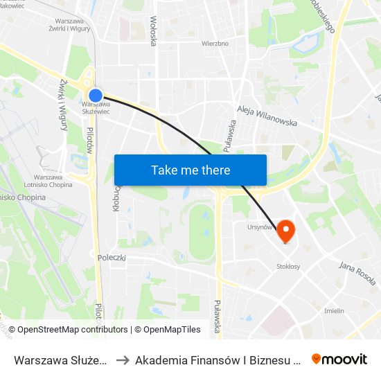 Warszawa Służewiec to Akademia Finansów I Biznesu Vistula map