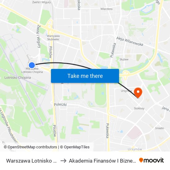 Warszawa Lotnisko Chopina to Akademia Finansów I Biznesu Vistula map