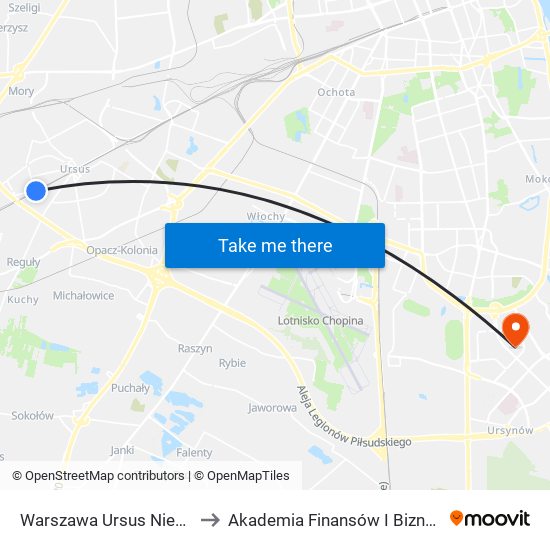 Warszawa Ursus Niedźwiadek to Akademia Finansów I Biznesu Vistula map