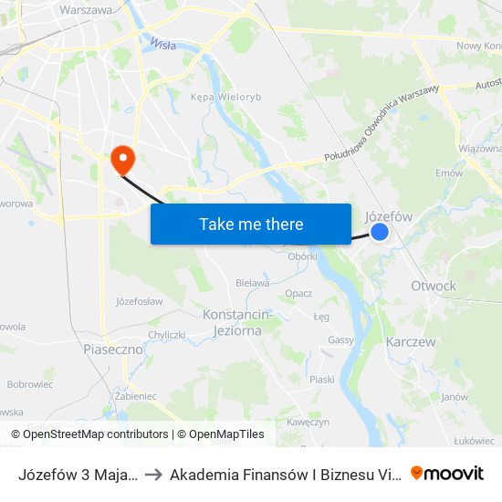 Józefów 3 Maja to Akademia Finansów I Biznesu Vistula map