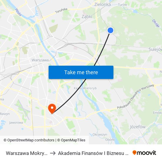 Warszawa Mokry Ług to Akademia Finansów I Biznesu Vistula map