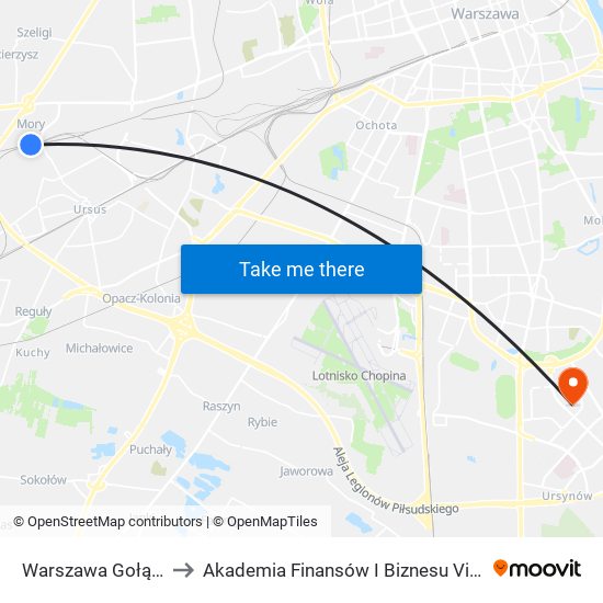 Warszawa Gołąbki to Akademia Finansów I Biznesu Vistula map