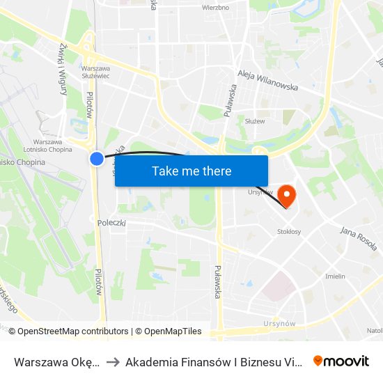 Warszawa Okęcie to Akademia Finansów I Biznesu Vistula map