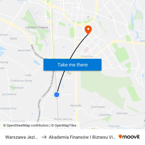 Warszawa Jeziorki to Akademia Finansów I Biznesu Vistula map