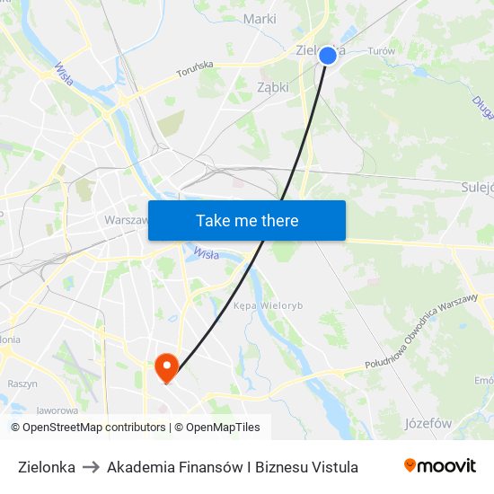 Zielonka to Akademia Finansów I Biznesu Vistula map