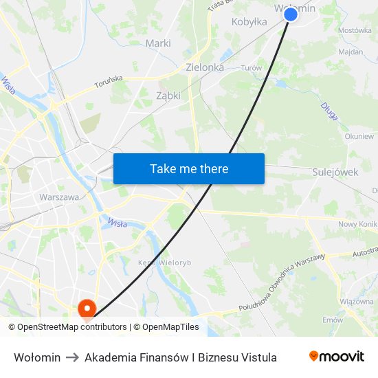 Wołomin to Akademia Finansów I Biznesu Vistula map