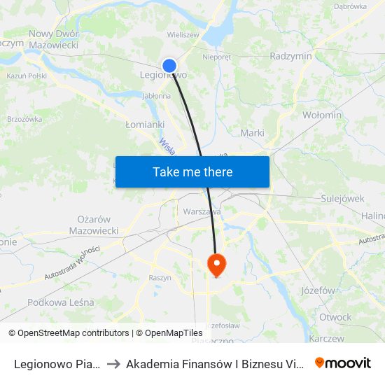 Legionowo Piaski to Akademia Finansów I Biznesu Vistula map