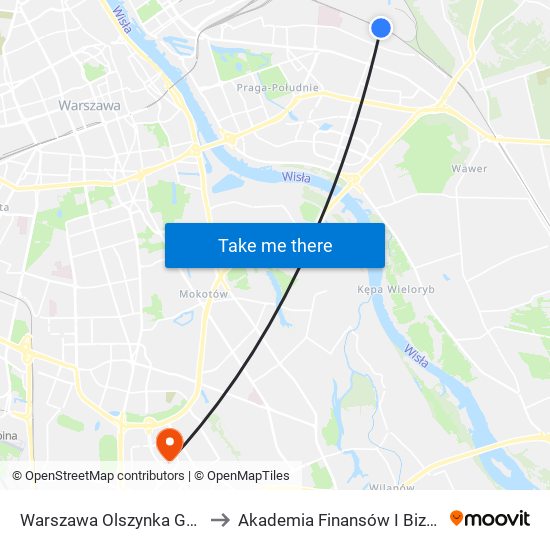 Warszawa Olszynka Grochowska to Akademia Finansów I Biznesu Vistula map