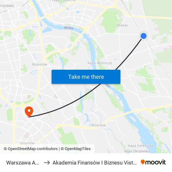 Warszawa Anin to Akademia Finansów I Biznesu Vistula map