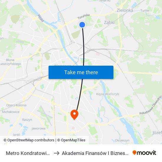 Metro Kondratowicza 06 to Akademia Finansów I Biznesu Vistula map