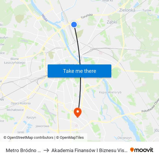 Metro Bródno 15 to Akademia Finansów I Biznesu Vistula map