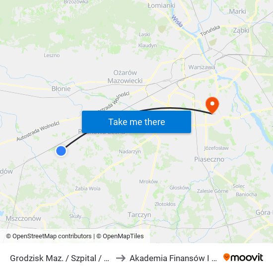 Grodzisk Maz. / Szpital / Kołłątaja (Nż) to Akademia Finansów I Biznesu Vistula map