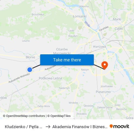 Kłudzienko / Pętla 01 (Nż) to Akademia Finansów I Biznesu Vistula map