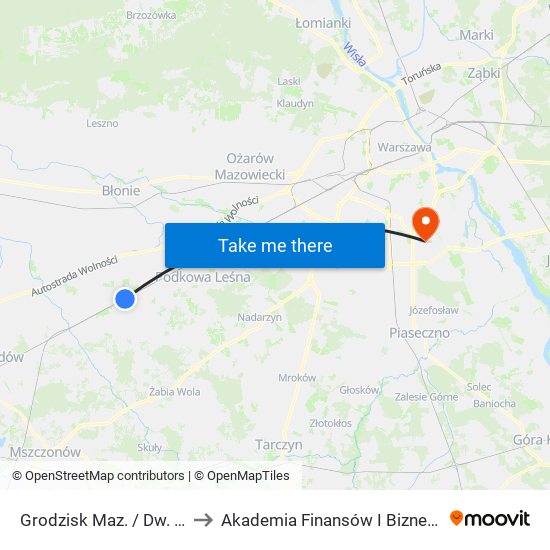 Grodzisk Maz. / Dw. PKP 01 to Akademia Finansów I Biznesu Vistula map