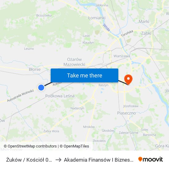 Żuków / Kościół 02 (Nż) to Akademia Finansów I Biznesu Vistula map