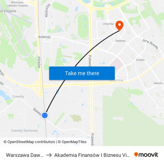 Warszawa Dawidy to Akademia Finansów I Biznesu Vistula map