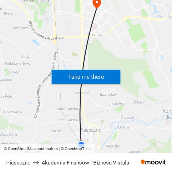 Piaseczno to Akademia Finansów I Biznesu Vistula map