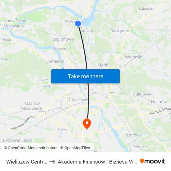 Wieliszew Centrum to Akademia Finansów I Biznesu Vistula map