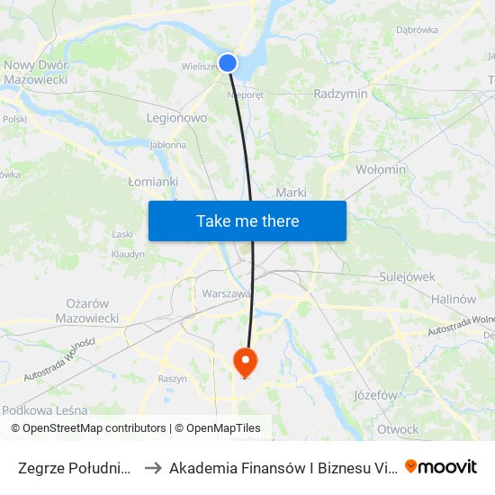 Zegrze Południowe to Akademia Finansów I Biznesu Vistula map