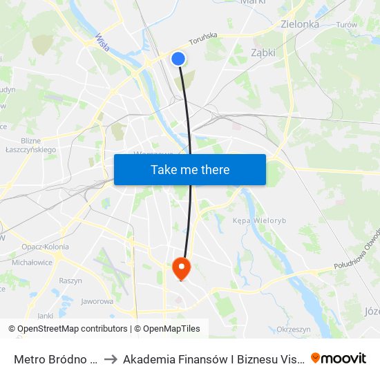 Metro Bródno 03 to Akademia Finansów I Biznesu Vistula map