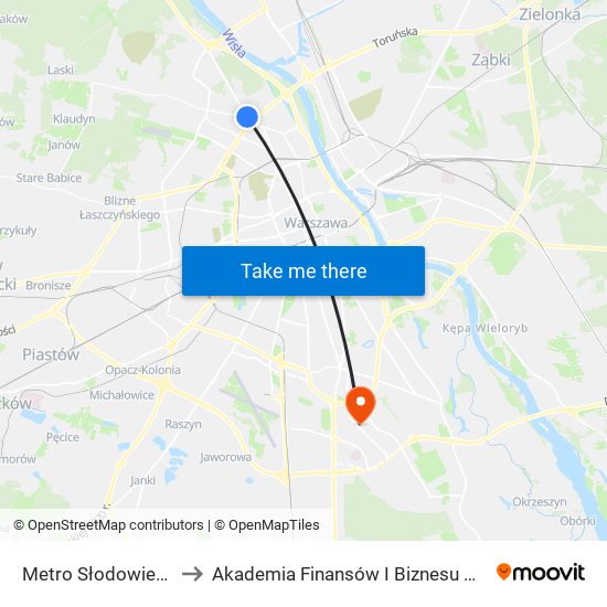 Metro Słodowiec 06 to Akademia Finansów I Biznesu Vistula map