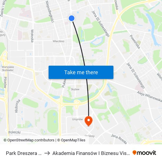 Park Dreszera to Akademia Finansów I Biznesu Vistula map