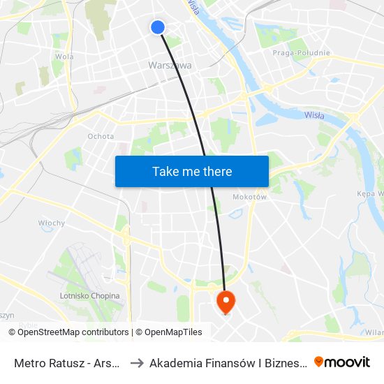 Metro Ratusz - Arsenał 04 to Akademia Finansów I Biznesu Vistula map