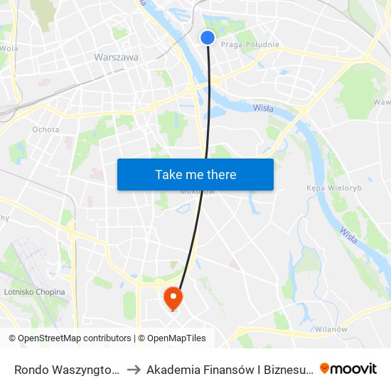 Rondo Waszyngtona 08 to Akademia Finansów I Biznesu Vistula map