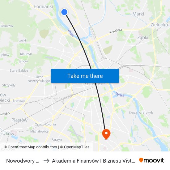 Nowodwory to Akademia Finansów I Biznesu Vistula map