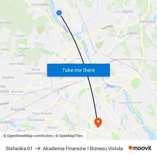 Stefanika 01 to Akademia Finansów I Biznesu Vistula map