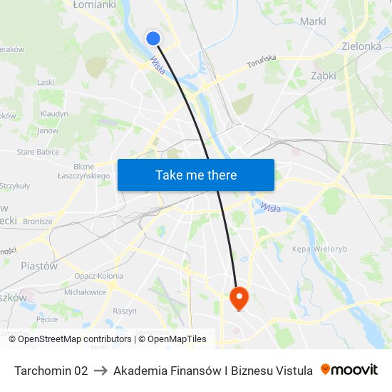 Tarchomin 02 to Akademia Finansów I Biznesu Vistula map