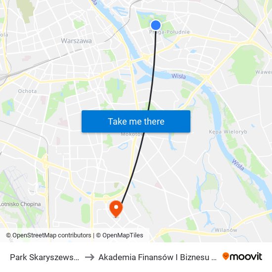 Park Skaryszewski to Akademia Finansów I Biznesu Vistula map