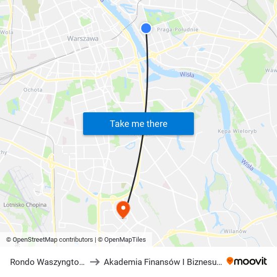 Rondo Waszyngtona 01 to Akademia Finansów I Biznesu Vistula map