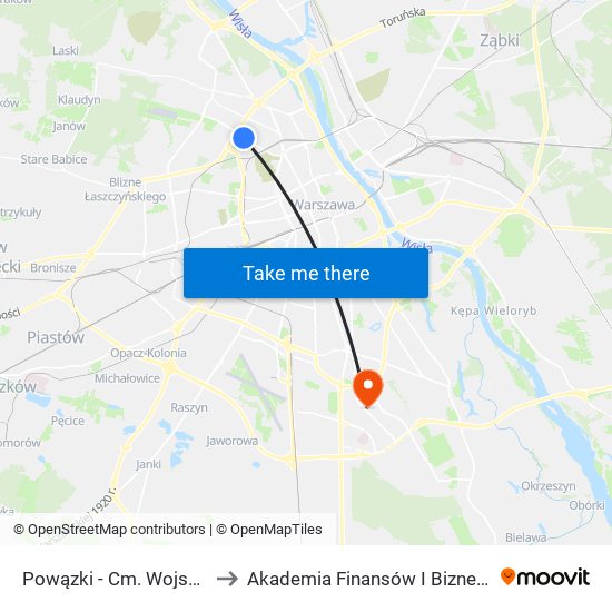 Powązki - Cm. Wojskowy 01 to Akademia Finansów I Biznesu Vistula map