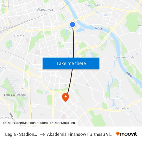 Legia - Stadion 02 to Akademia Finansów I Biznesu Vistula map